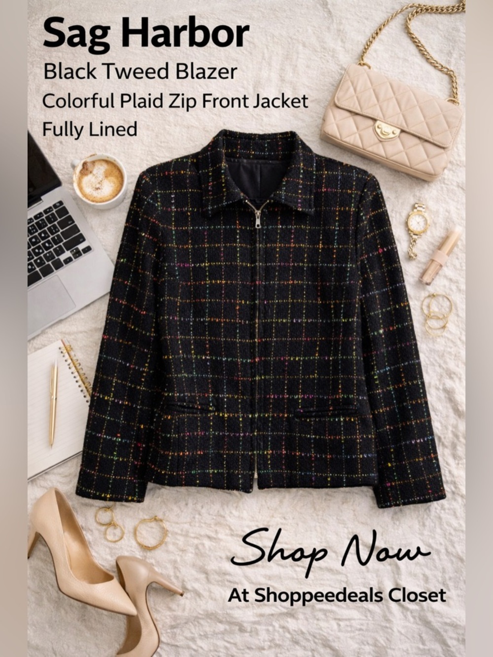 Sag Harbor Black Tweed Blazer Colorful Plaid Zip Front Jacket Fully Lined